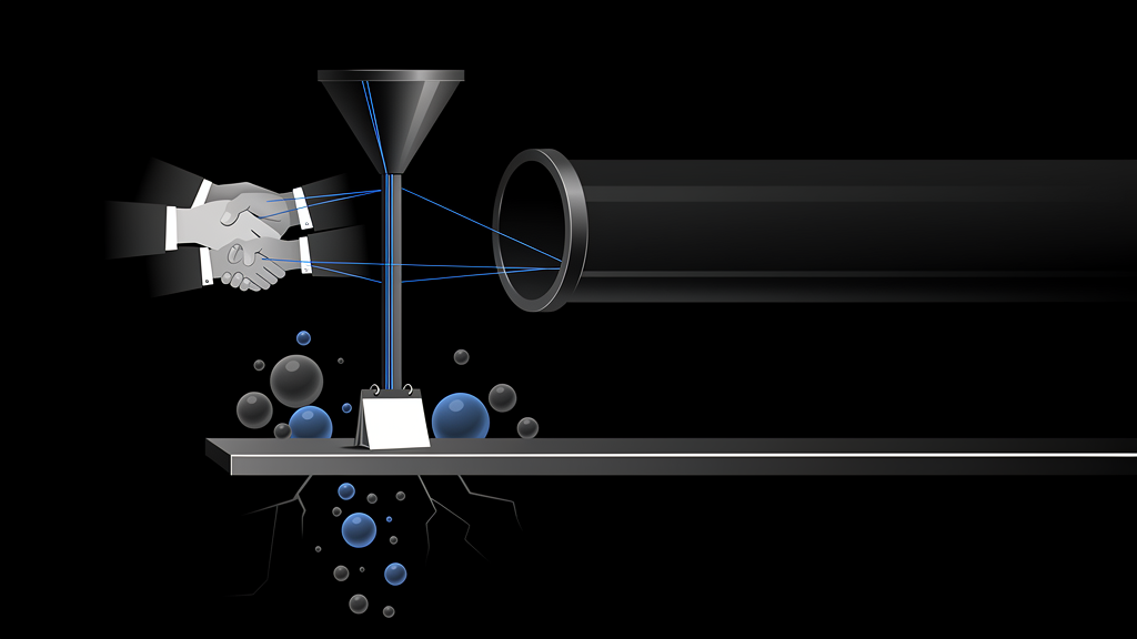 Editorial illustration: referral handshake funneling into a narrow growth pipeline